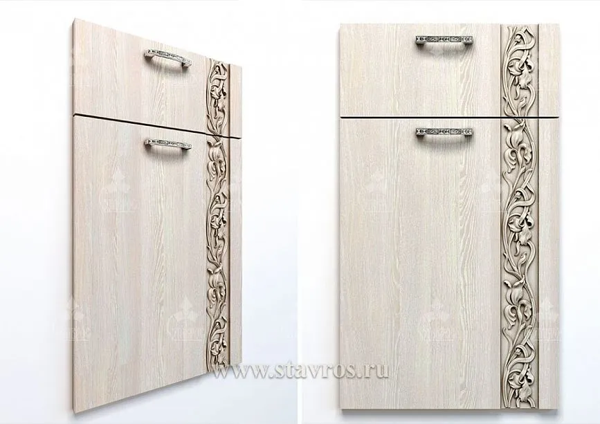 Furniture facade FAS-023 with carved trim K-060 and natural wood texture from STAVROS