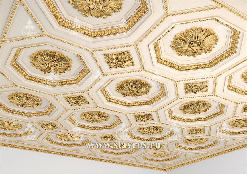 Fragment of carved ceiling RP-003 &mdash; gilded appliqu&eacute;s and cornice molding