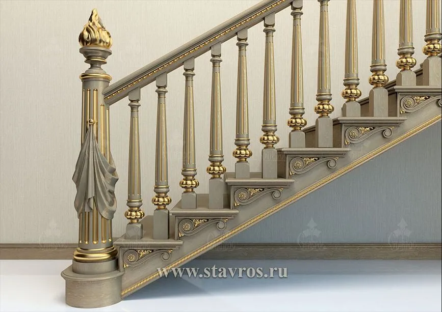 Classic staircase with carved balusters and decorative newels in the interior