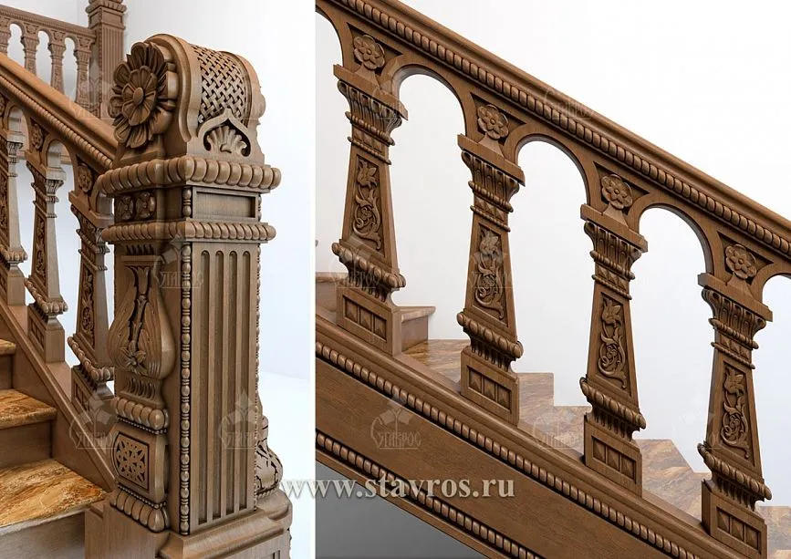 Decorative carved column of staircase RLE-013 with fluting and massive patterns