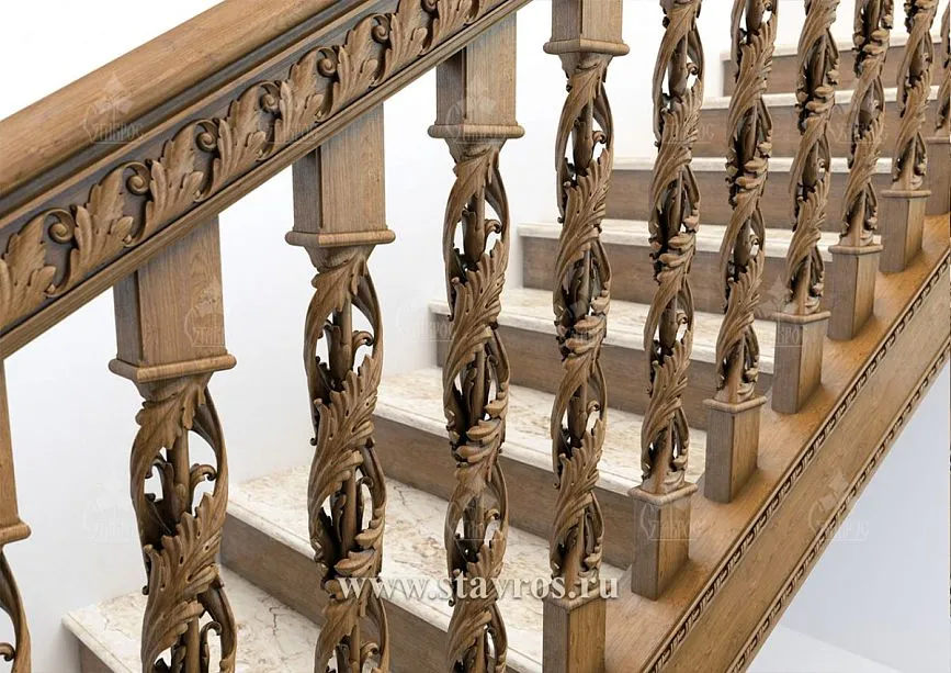 RLE-025 staircase handrails and posts with decorative elements and carved inserts.
