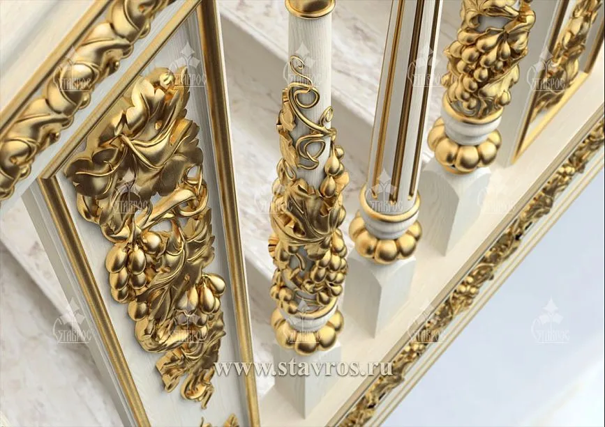 Carved staircase RLE-001 with gilded carved balusters