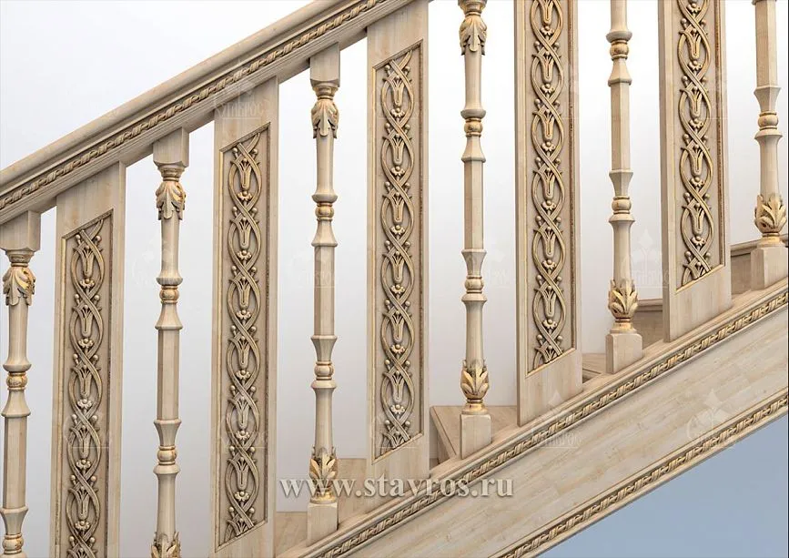 Close-up of balusters of the RLE-030 staircase with artistic carving and decorative elements.
