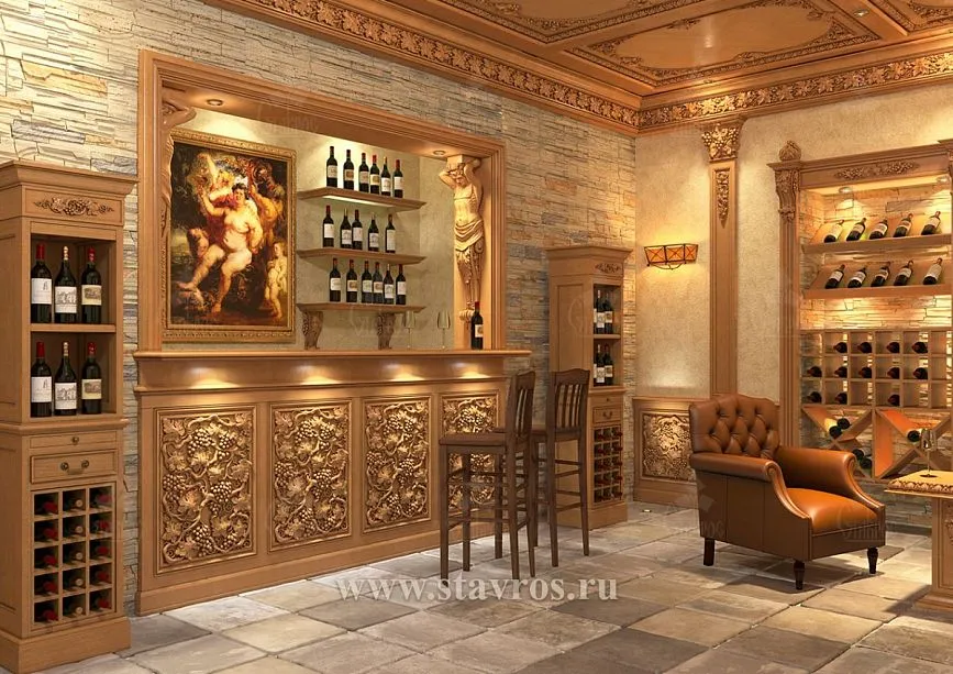Bar counter in the wine cellar with carvings and paintings