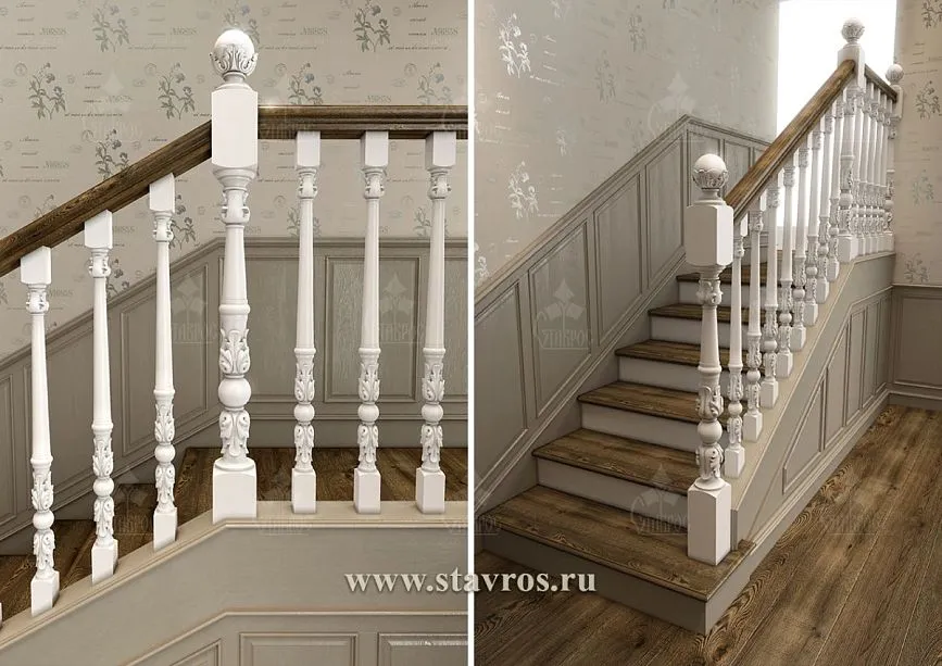 Wooden handrails for staircase RLE-060 with warm tone, contrasting with white balusters