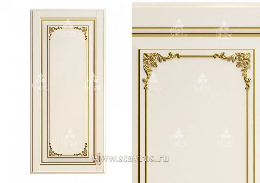 Elegant furniture facade in cream color with gold frame inserts and carved corner overlays