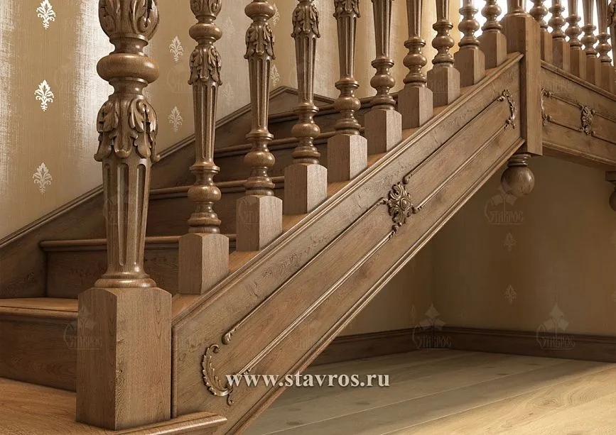 Carved posts for staircase RLE-055 made of solid wood, components for wooden staircases