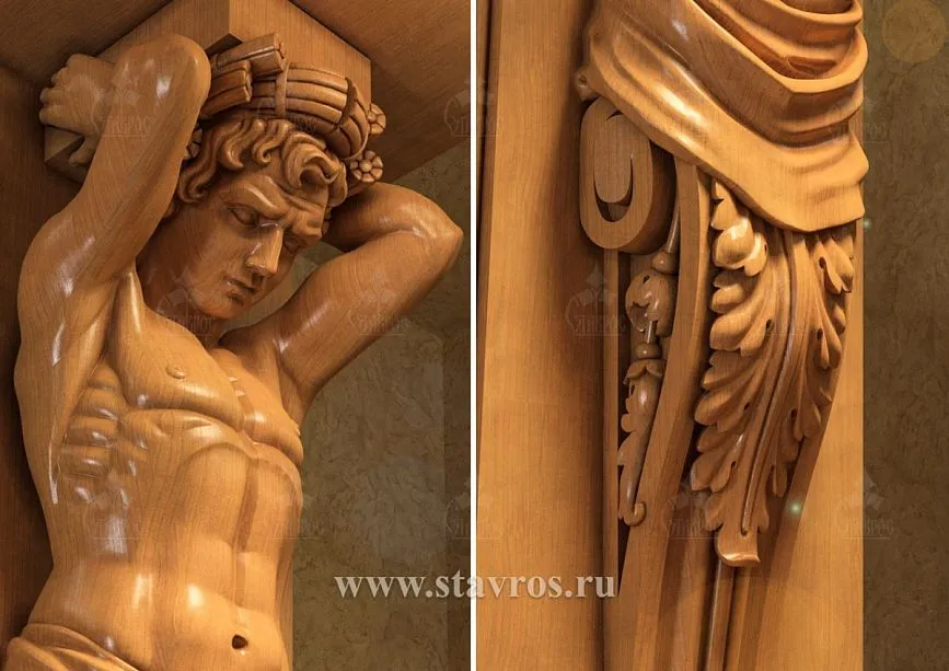 Carved wooden atlant with grapevine motif details