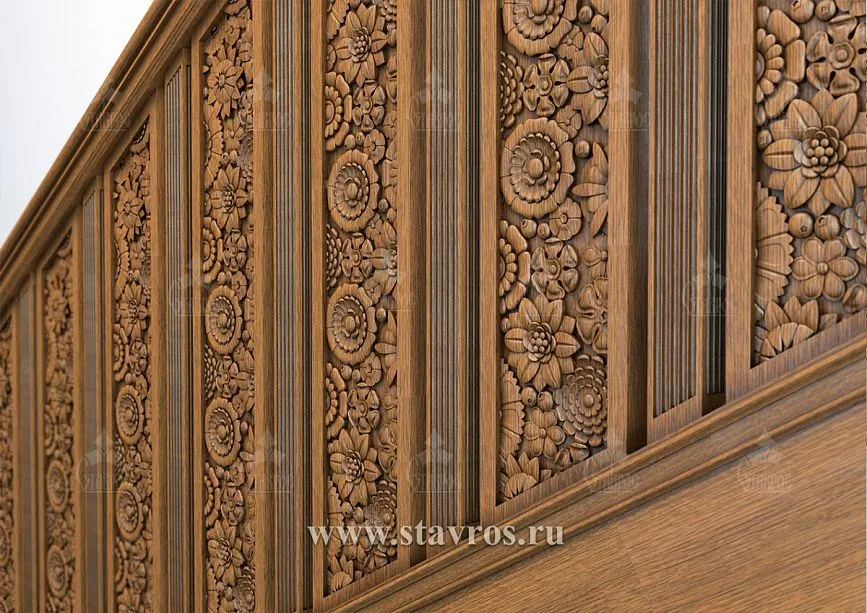 Massive posts and handrails of the RLE-023 staircase made of natural wood