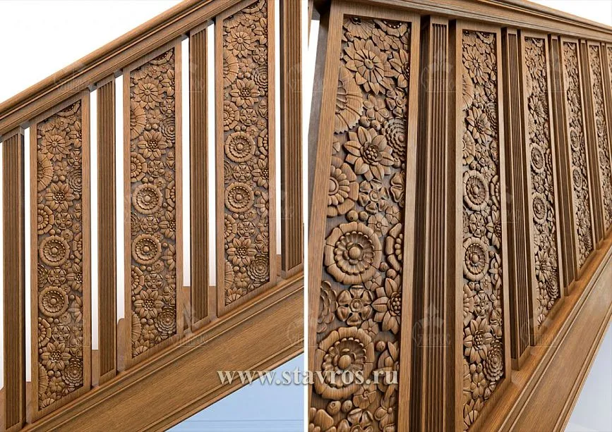 Detailed carved panels of the RLE-023 staircase with classic ornamentation