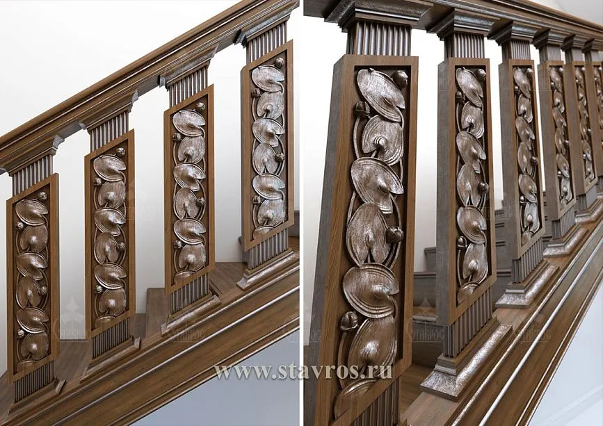 Wooden balusters of the RLE-018 staircase with carved patterns and classic elements