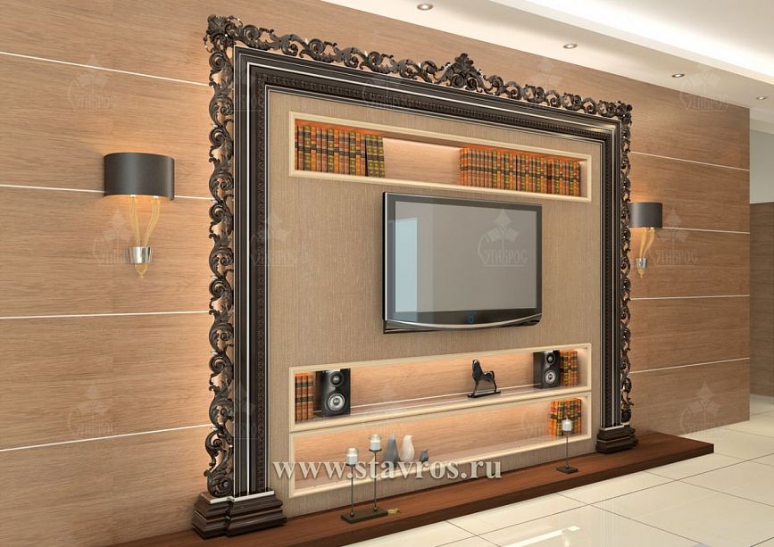 Built-in shelves with lighting in the RTV-001 TV zone design