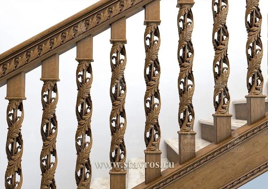 RLE-025 staircase details &ndash; carved handrails and balusters adorned with intricate carving.