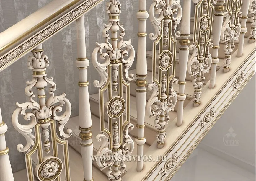Detailed photo of carved balusters of the RLE-035 staircase with gilding
