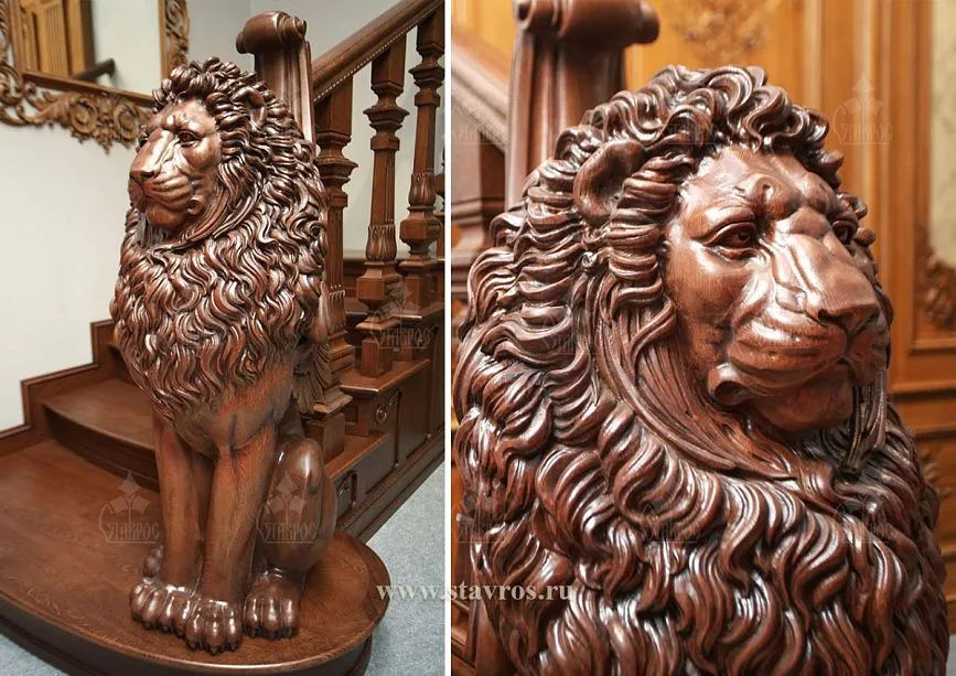 Close-up of the carved lion figure on the RLE-063 staircase, showcasing the intricacy of the carving and the wood texture