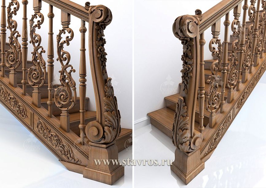Wooden staircase RLE-006 with turned balusters and carved elements