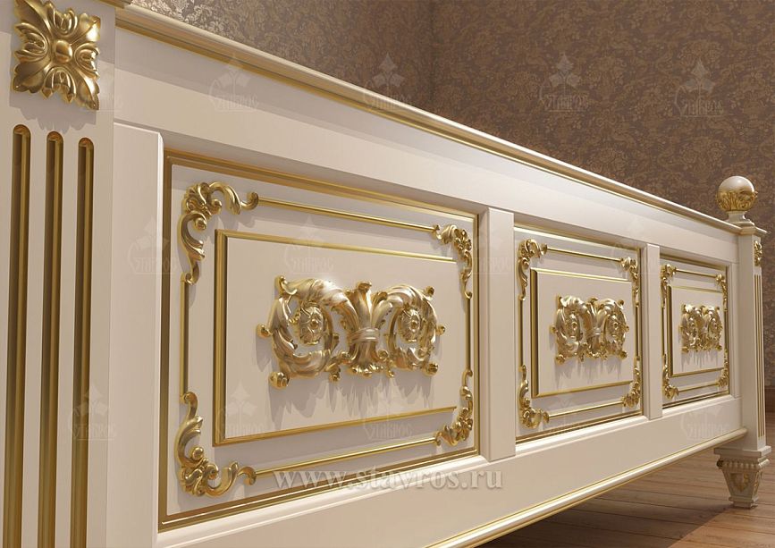 Detailed view of bed KRV-005 with carved inserts, gilded capital