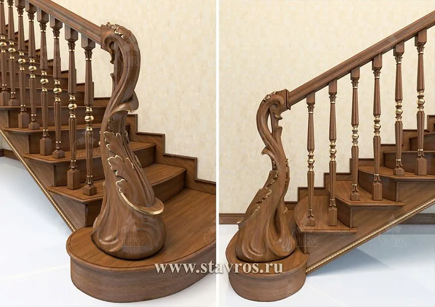 Wooden staircase with an elegant carved newel post