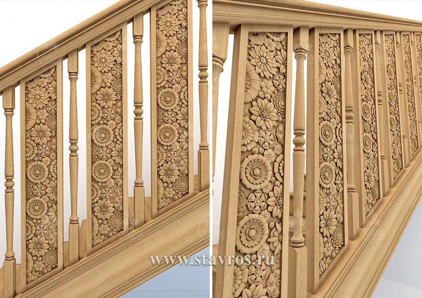 Close-up of staircase railing with carved panels decorated with floral patterns