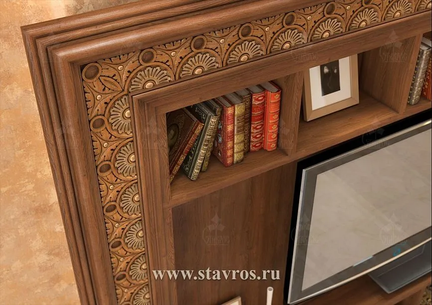 Artistic carving details on the side panels of TV frame RTV-004