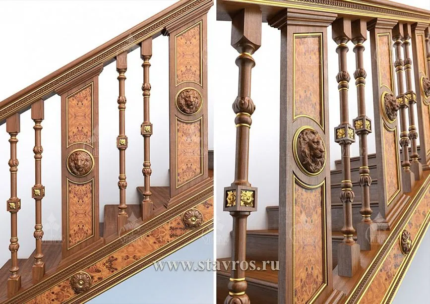 Wooden balusters for the RLE-017 staircase with gilded inserts and artistic carving