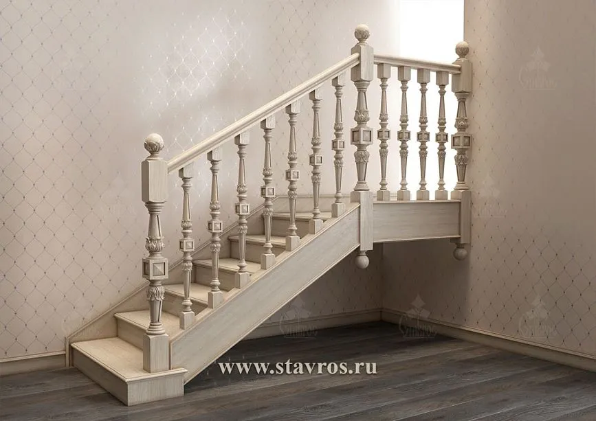 Carved balusters for wooden staircases with decorative elements