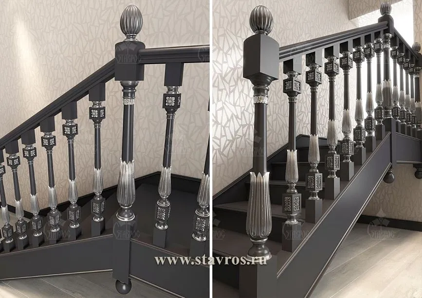 Black wooden handrails and balusters with silver accents for RLE-057 staircase