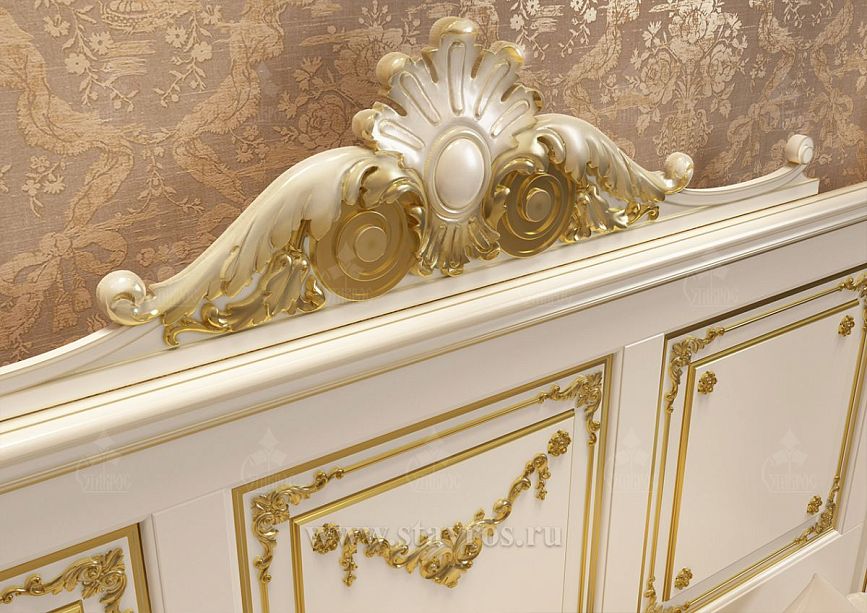 Close-up of the upper part of the headboard of bed KRV-005 with artistic carving