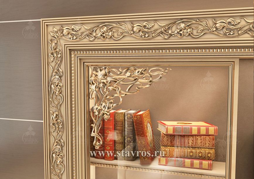 Detail of the upper cornice of the frame RTV-008 with elegant scrolls and classic ornament