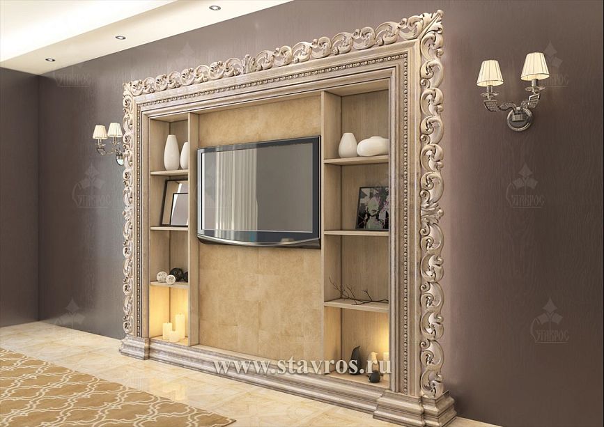 Side view of carved TV frame RTV-002, elegant TV zone decoration