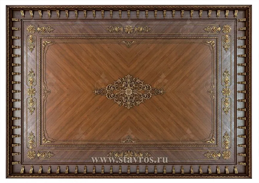 Ceiling RP-006 details: elegant carved appliqu&eacute;s and architectural brackets.