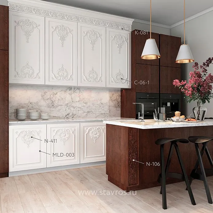Decorative appliqu&eacute;s and cornice in kitchen KUH-010