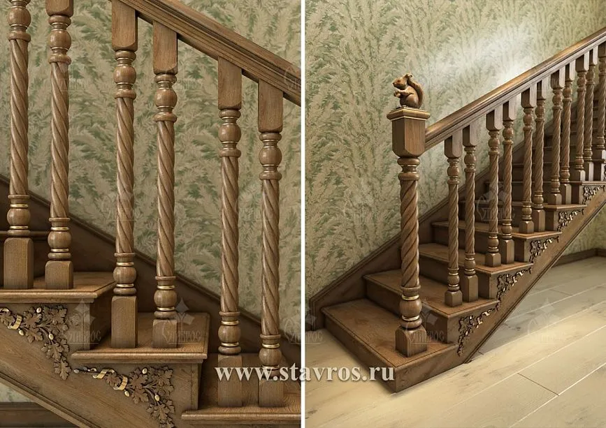 Wooden staircase with twisted balusters in classic style