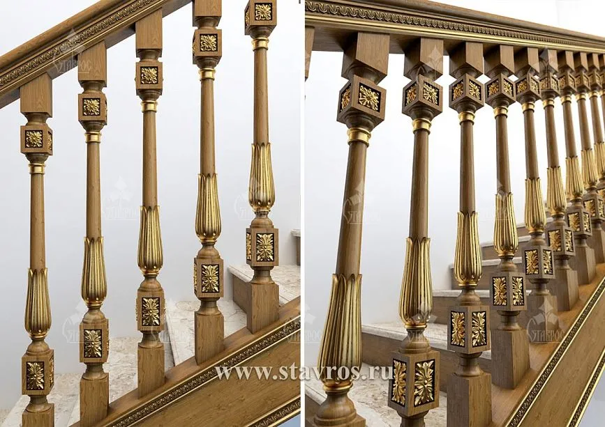 Side view of the staircase railing RLE-034 &ndash; carved balusters from natural wood,