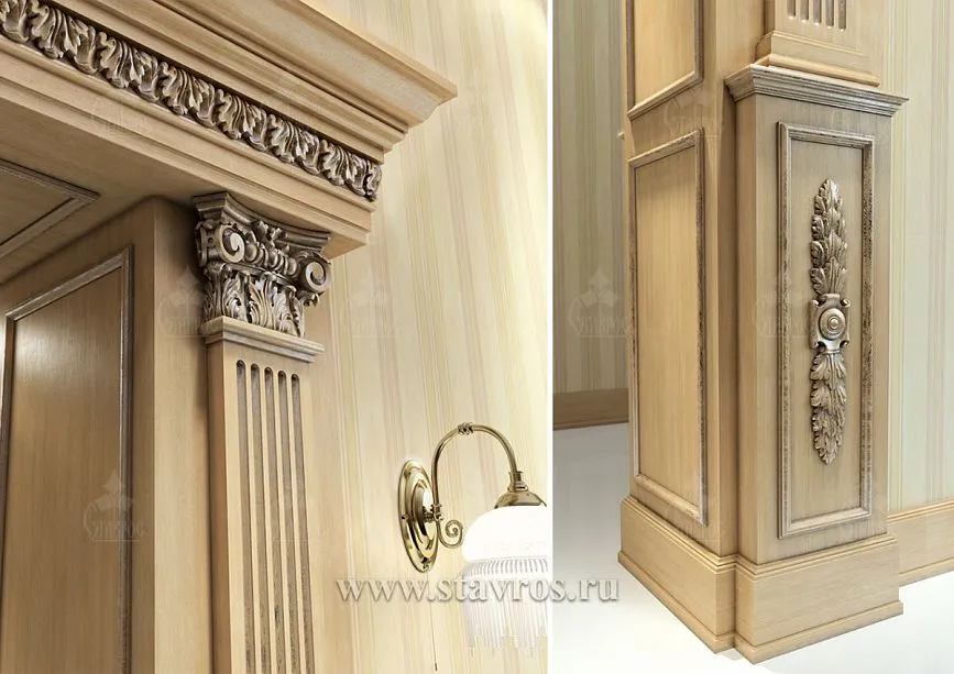 Close-up of pilasters of the door portal PRT-010 with fluting and carved capitals
