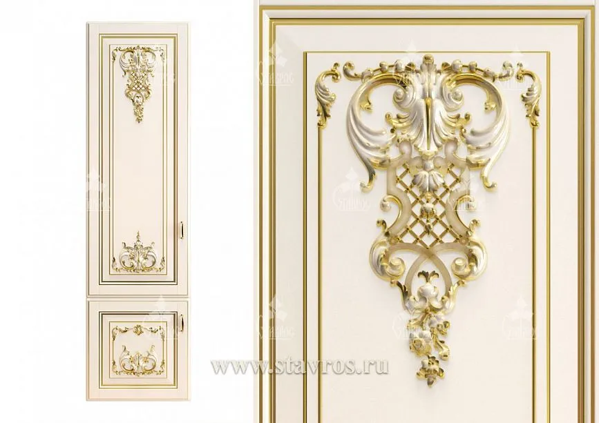 Facade FAS-041 with gilded carved elements and decorative appliqu&eacute;s, perfectly suited for Baroque-style interiors.