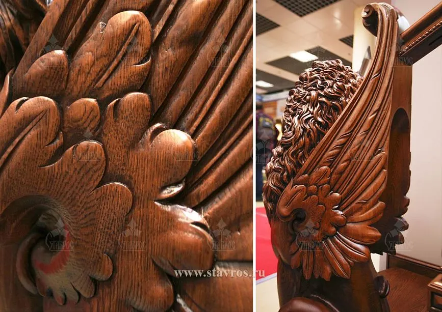 Back view of the carved lion on the RLE-063 staircase post with decorative elements and detailed wood carving