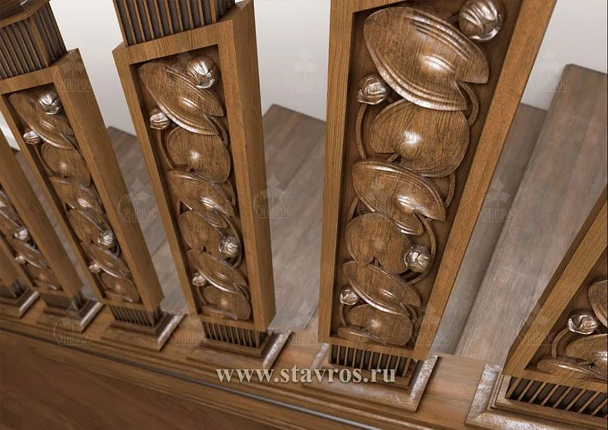 Wooden balusters with unique carving and three-dimensional elements of the RLE-018 staircase