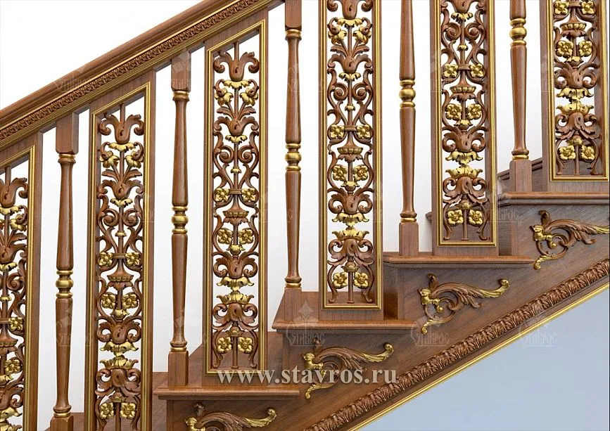 Classic wooden railings for staircase RLE-016 with smooth, polished surfaces