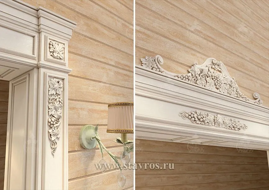 Carved details of portal PRT-016 &mdash; grape clusters and oak leaves