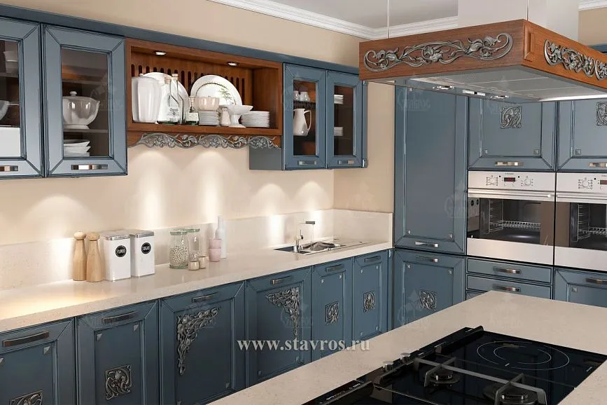 Carved appliqu&eacute;s N-274R and N-274L on the facades of lower kitchen cabinets
