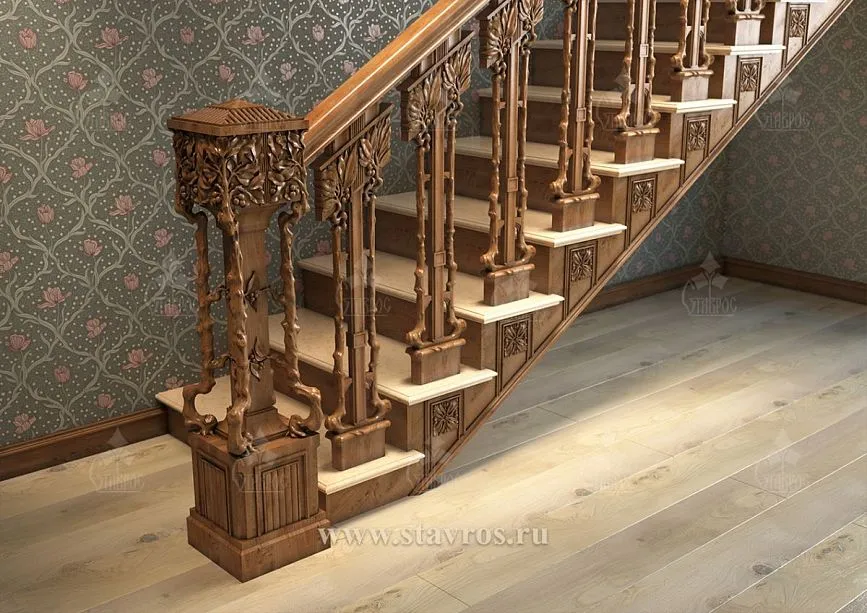 Initial post, wooden staircase RLE-061 with decorative inlays