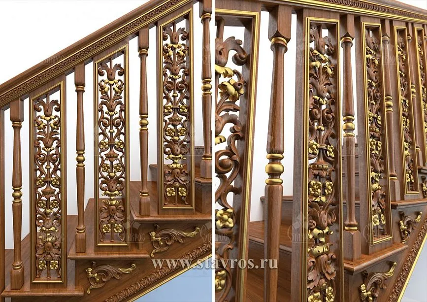 Carved wooden balusters for staircase RLE-016 with floral ornaments and gold accents