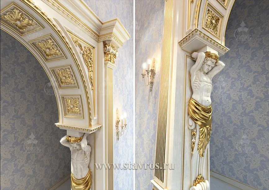 Arched door portal PRT-004 with coffered filling and gilded elements