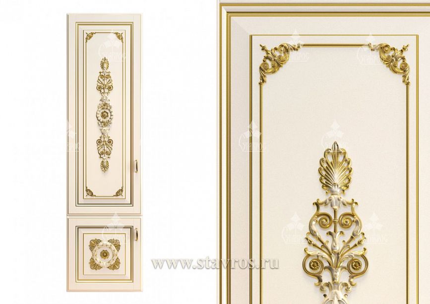 Facade FAS-040 with gold decorative elements and raised carved appliqu&eacute;s.