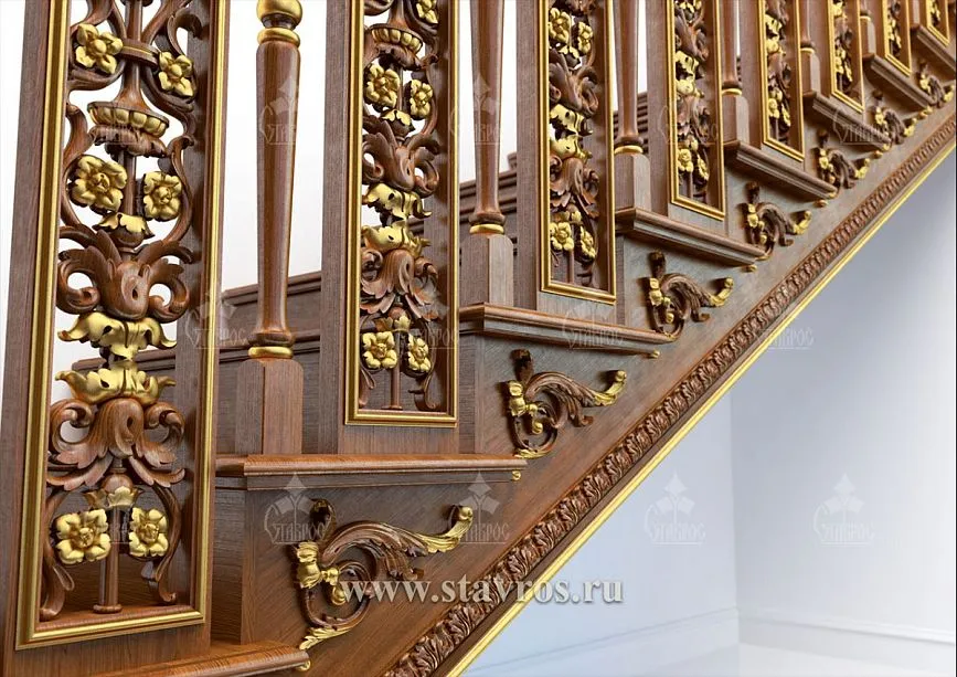 Carved balusters for staircase RLE-016 with gilded decorative elements and heavy posts