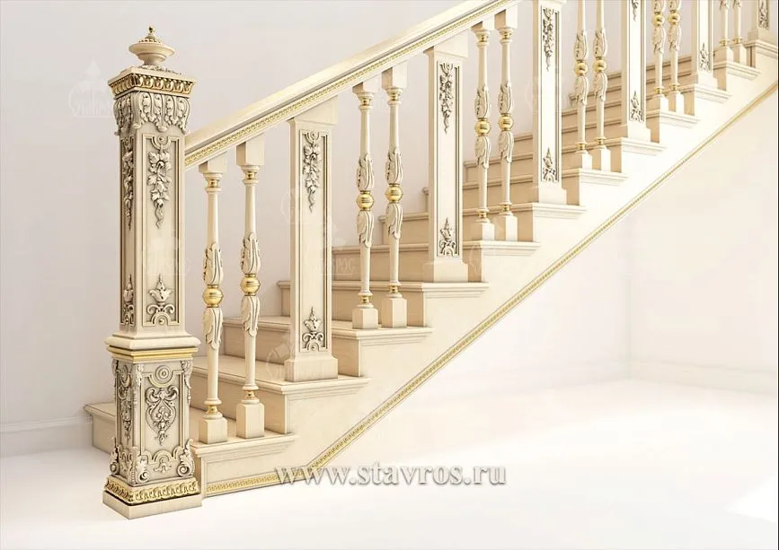 Carved balusters for stairs with decorative inserts and ornaments