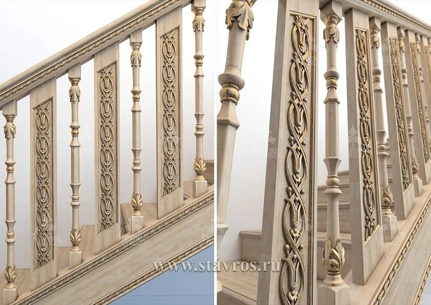 Detailed view of the staircase railing RLE-030 with carved inserts on flat balusters