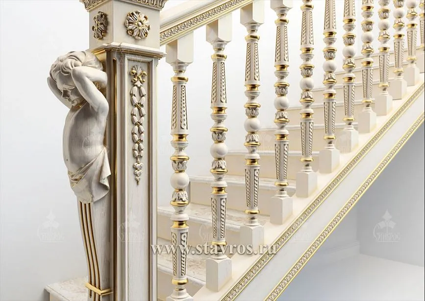 Luxurious staircase decor elements with gilding and carving