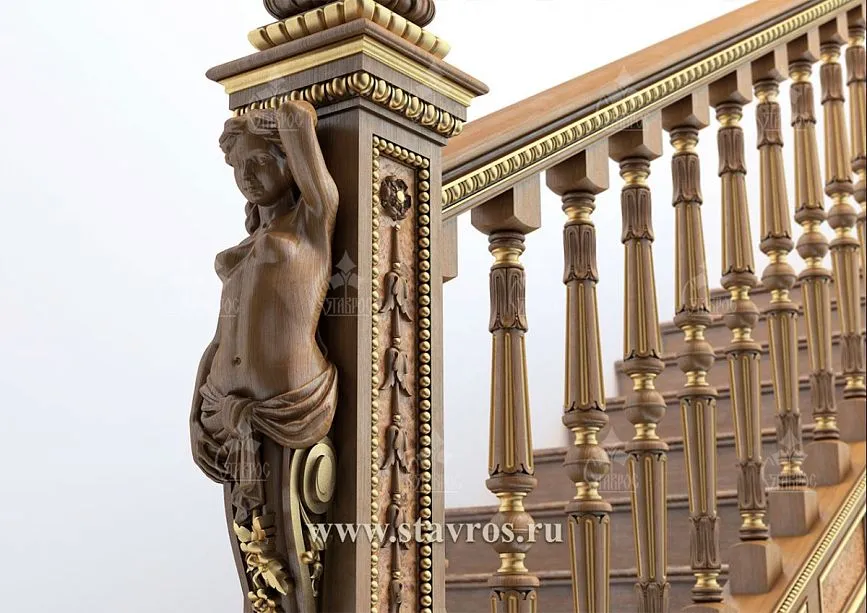 Entrance post, handrails, and balusters made of wood in the carved staircase RLE-009 project